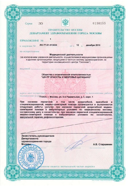 Приложение к лицензии на осуществление медицинской деятельности, Центр красоты и здоровья Царицыно